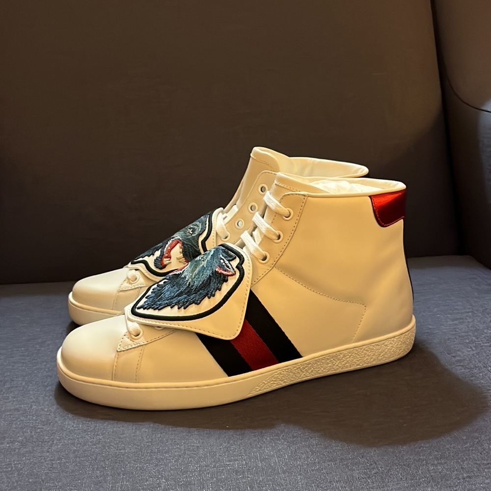 ONE DAY SALE!!! Gucci men’s GG web logo wolf patch ace high top sneakers NWB - Picture 6 of 10
